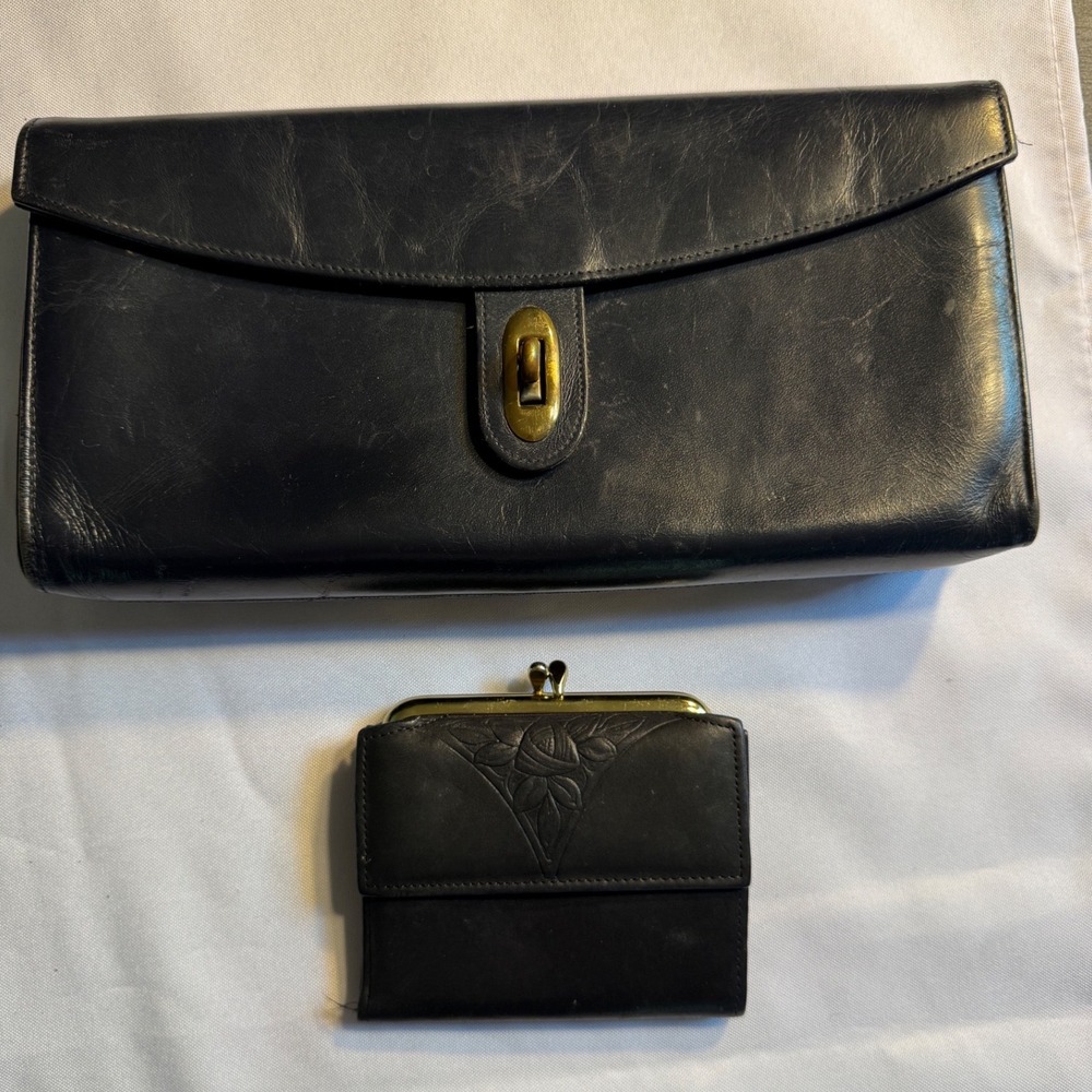 Vintage Rolfs Navy Blue Leather Clutch and Black Coin Purse Wallet Set